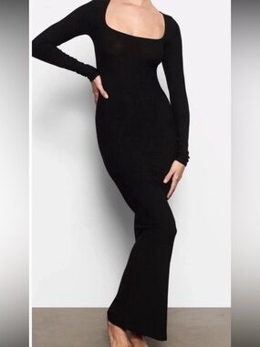 Skims Soft Lounge Long Sleeve Maxi Slip Dress Black Ribbed Size XL